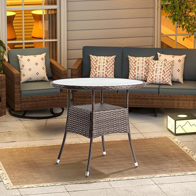 Patio Table for 4-Person with Glass Top, 31.5" Round Outdoor Wicker Dining Table, Double Layer Rattan Bistro Table for Backyard Deck Poolside, Outdoor Furniture Small Space, Brown