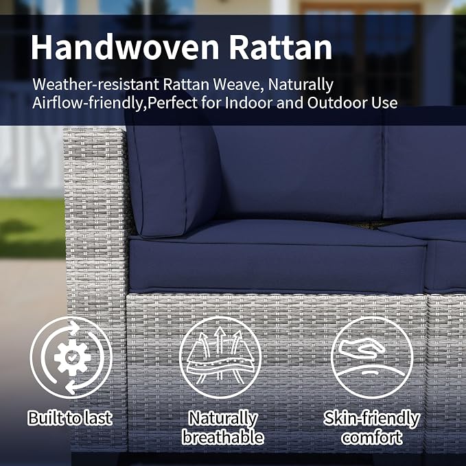 7 Piece Patio Furniture Set, Rattan Outdoor Patio Conversation Sets, Outdoor Sectional Furniture with Thickened Cushion and Coffee Table, for Deck, Backyard, Garden, Off-White & Dark Blue