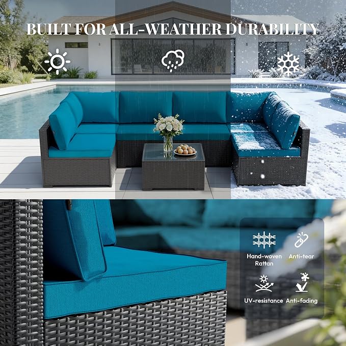 WWR Patio Furniture Set 7 Piece - All-Weather - Wicker Rattan Patio Outdoor Conversation Set, Modular Sectional Sofa for Backyard, Garden, Poolside, Balcony, Porch, Patio, Black/Peacock Blue