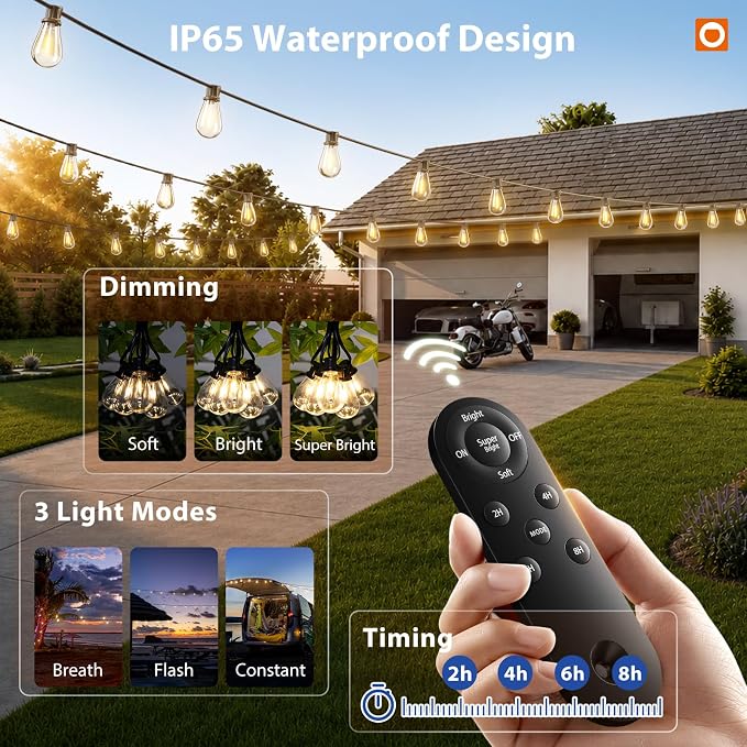 addlon 54FT(48FT+6) Solar String Lights Outdoor, Waterproof, Last 20+ Hrs | 16 Shatterproof LED Bulbs, USB Charging, Dimmable, Timer Remote, Easy Install for Garden, Backyard, Pergola and Party