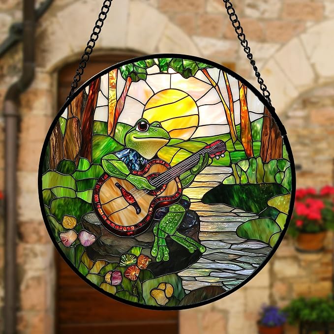 DASTOLL Stained Glass Window Hanging, Frog Playing Guitar Suncatcher Diamond Glass Panel Funny Sun Catchers Decor for Birthday for Women, Men, Wife, Aunt, and Mom 11.8x11.8 in