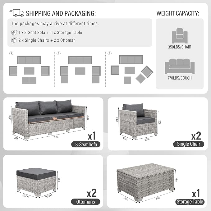 WAROOM Patio Furniture Set 6 Piece PE Rattan Outdoor Conversation Sets Grey Wicker Couch Sectional Sofa with Storage Coffee Table and Grey Cushion