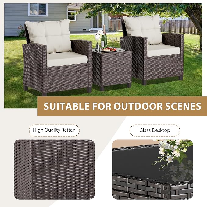JAMFLY 3 Piece Wicker Patio Furniture Set - Outdoor Rattan Conversation Set with Soft Cushions & Glass Coffee Table for Balcony, Porch, Small Backyard - All Weather Beige Bistro Set, Beige