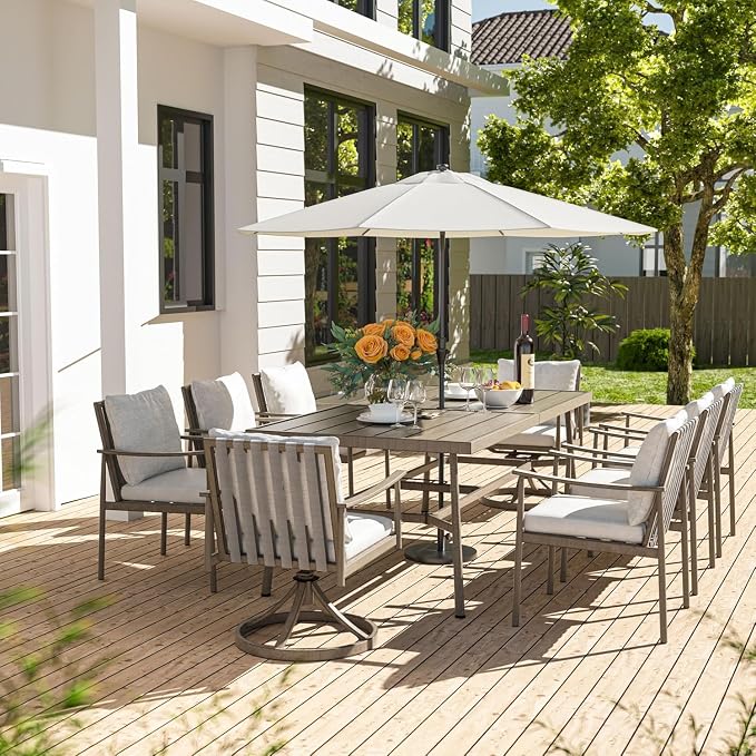HAPPATIO 9-Piece Patio Table and Chairs Set for 8, Aluminum Outdoor Dining Set with Cushions, 6 Dining Chairs and 2 Swivel Chairs, 1 Large Rectangular Table with Umbrella Hole, Grey