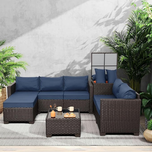 Valita Patio Furniture Set with Storage Box 5 Pieces Brown Wicker Outdoor Couch Sectional with Glass Table and Non-Slip Cushions and Furniture Covers, Navy Blue