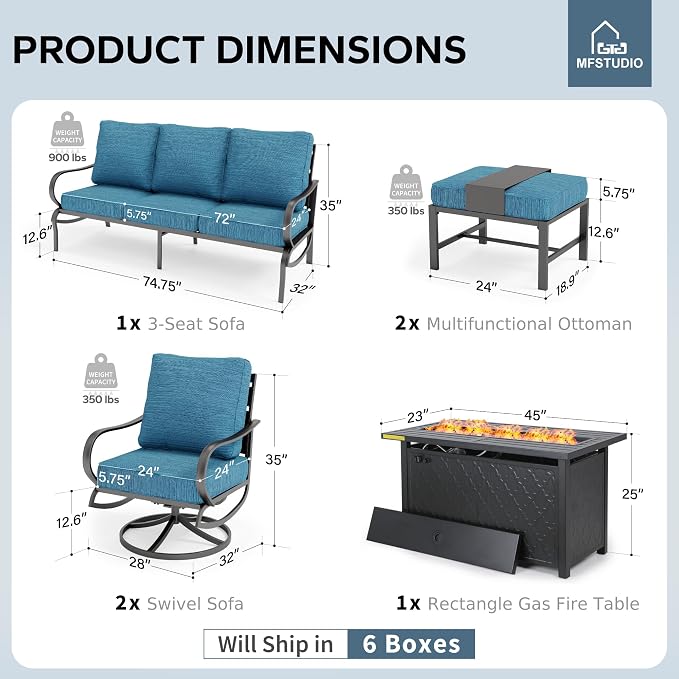 MFSTUDIO 6 Pieces Patio Furniture Sets with 45" Gas Fire Pit Table(Up to 7 Seat),Outdoor Metal Frame Patio Conversation Sofas with 1 x 3-Seat Sofa, 2 Swivel Chairs and 2 Ottoman, Peacock Blue Cushion