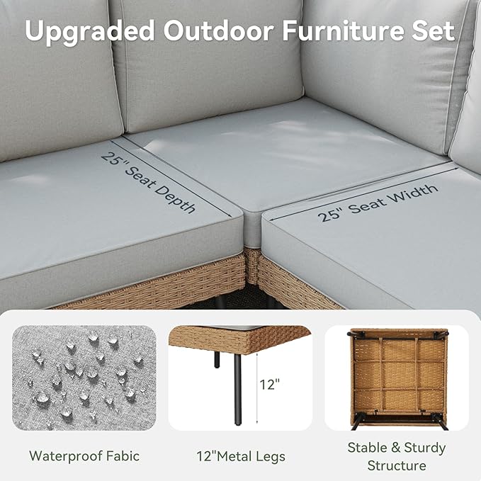 Aoxun Patio Furniture Set, 7 Piece Outdoor Sectional Sofas with Thick Cushion, Wicker Outdoor Patio Furniture Set with Coffee Table for Party, Garden, Backyard, Grey