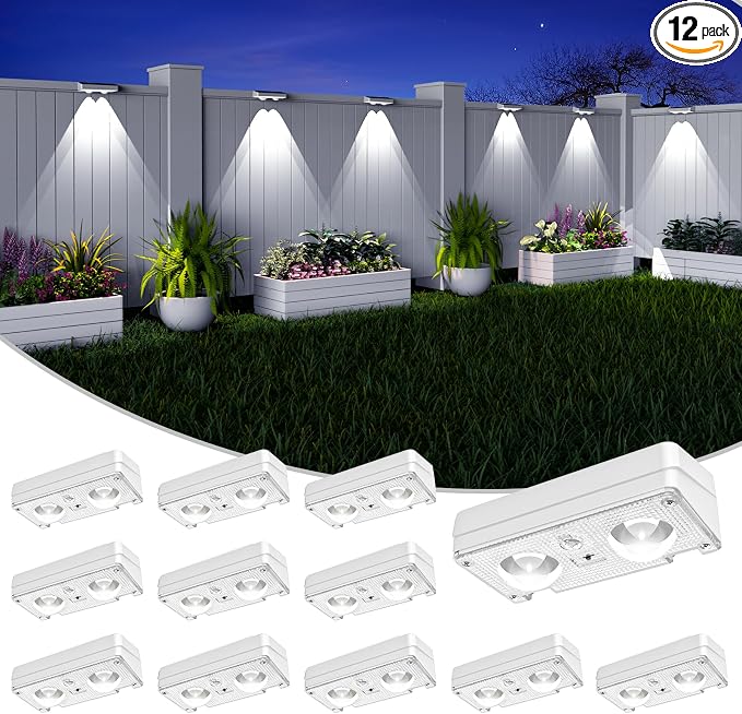 JOFIOS Solar Fence Lights Outdoor Waterproof, 80 Lumens Solar Lights for Fence with Warm White & RGB 8 Colors,Outdoor Solar Light for Deck, Patio, Backyard, Fence, Railing (12-Pack-White)