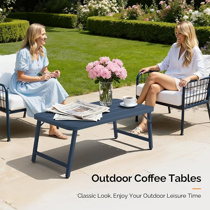 VINGLI Outdoor Folding Coffee Table, Rectangle Drainable Iron Patio Table for Balcony, Porch, and Living Room, Blue
