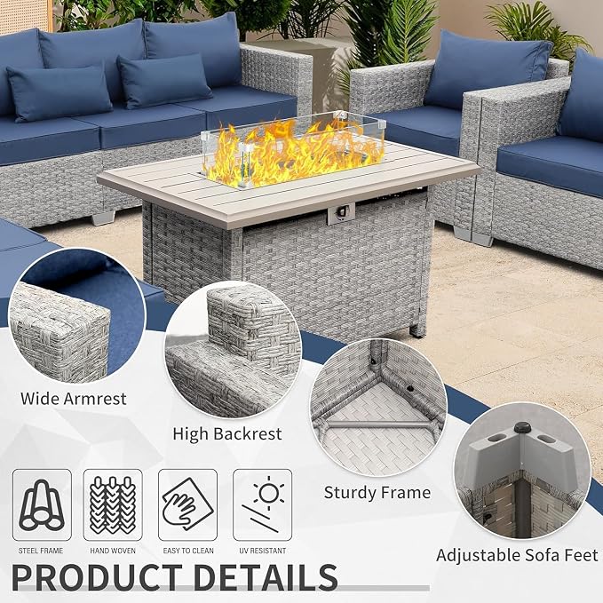 6-Piece Wicker Outdoor Patio Furniture Set with PE Rattan Sectional Sofa, Conversation Set and Fire Pit Table for Backyard Patio(Blue)