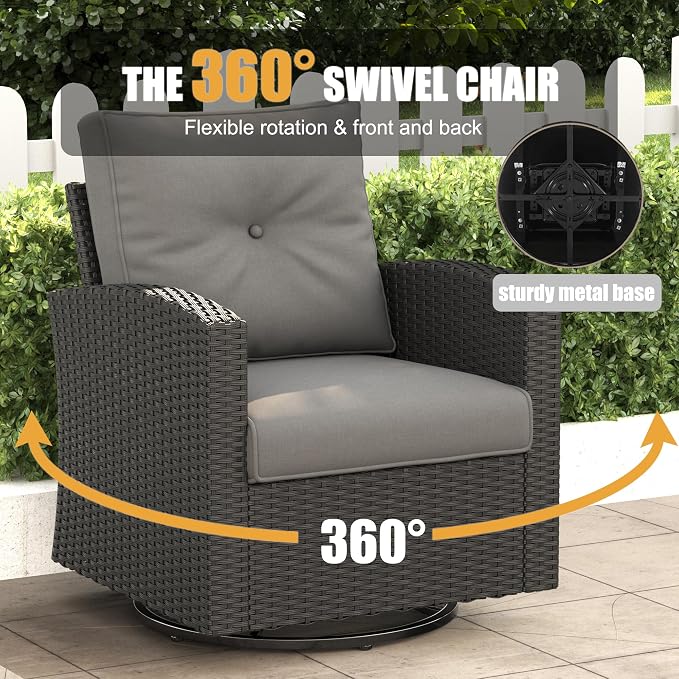 LayinSun 11 Pieces Patio Furniture Set with Fire Pit Table, Black Rattan Modular Sectional Outdoor Conversation Sofa Set, Swivel Rocking Chairs Set