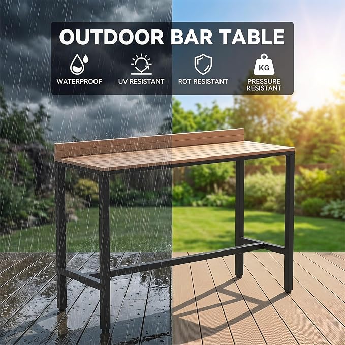 Outdoor Patio Bar Height Table with Baffle, Weather Resistant High Counter Table Porch Pub Tables Wood-Plastic Tabletop, for Poolside Garden Balcony Restaurant Cafe(Black,86.6"x15.7"x40.5")