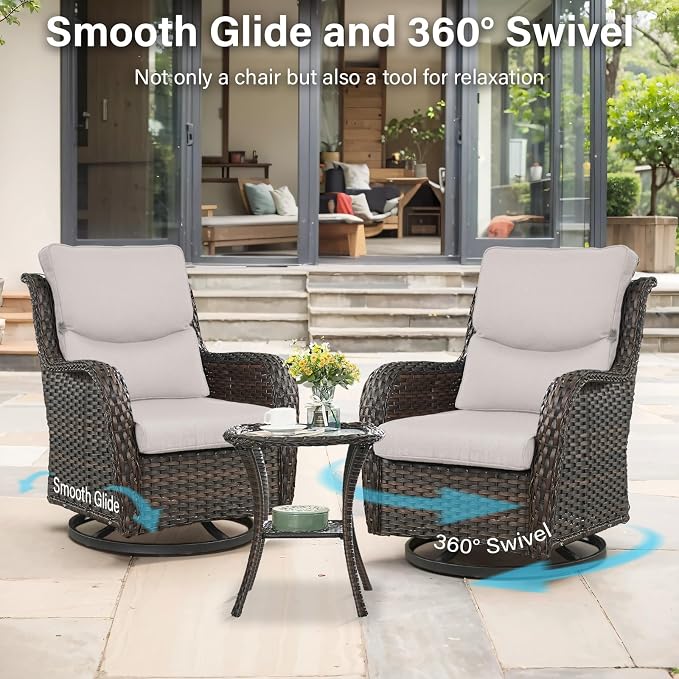 Outdoor Swivel Rocker Patio Chairs Set of 5 with Loveseat - 5" Thick Cushion 5 Piece Furniture Set with Sofa All Weather Wicker Conversation Set for Porch Deck - Brown Wicker | Beige Cushions