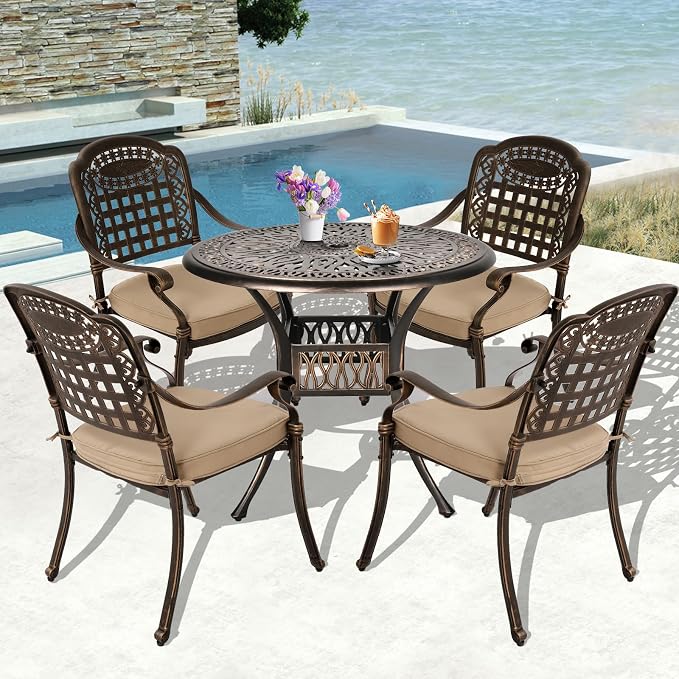 TITIMO 5-Piece Cast Aluminum Outdoor Patio Dining Set, 4 Pattern Chairs and Table,Cast Aluminum Conversation Set with 2.2” Umbrella Hole (Mesh Back Khaki Cushion, 1 Round Table + 4 Chairs)