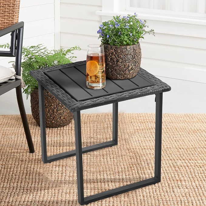 Wicker Outdoor Side Table for Patio Set of 2, 2 PCS Square Rattan Outdoor End Tables for Outside Porch Lawn Garden Balcony Pool Bistro, Black