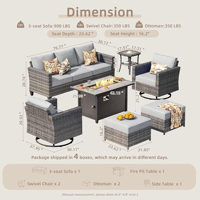 CAODOC 7-Piece Outdoor Wicker Patio Set with 7 Seats, Including 43" Fire Pit - Swivel Rocker Chairs and Conversation Set for Backyard or Lawn, Gray Rattan with Waterproof Dark Gray Cushions