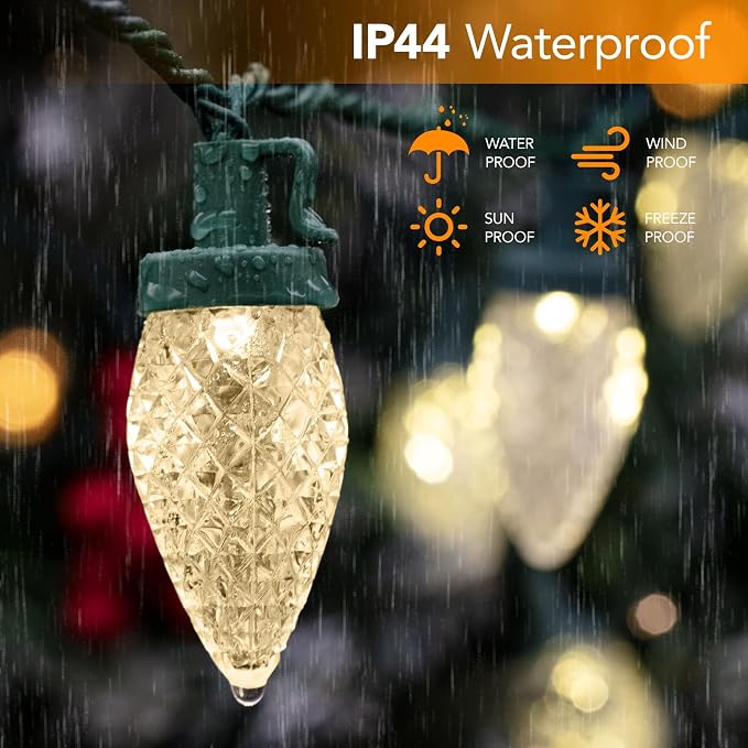 C9 LED Christmas Lights Outdoor,33 Feet 50 LED 8 Lighting Modes Waterproof Connectable Christmas String Lights for Outside Roofline Patio Home Xmas Decorations (Warm White)