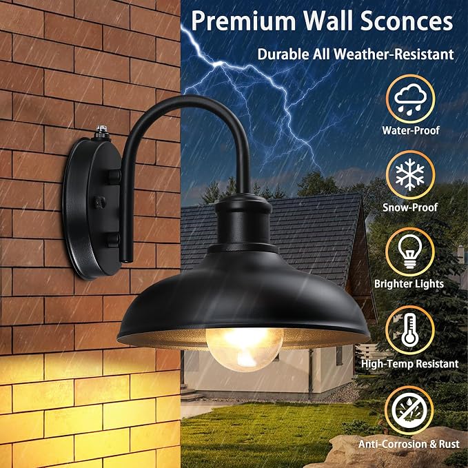 Dusk to Dawn Gooseneck Outdoor Light Fixtures, Farmhouse Barn Lights | Industrial Porch Lights, Black Exterior Wall Sconce for Garage, E26 Anti-Rust for Frontdoor Entryway, 2 Packs