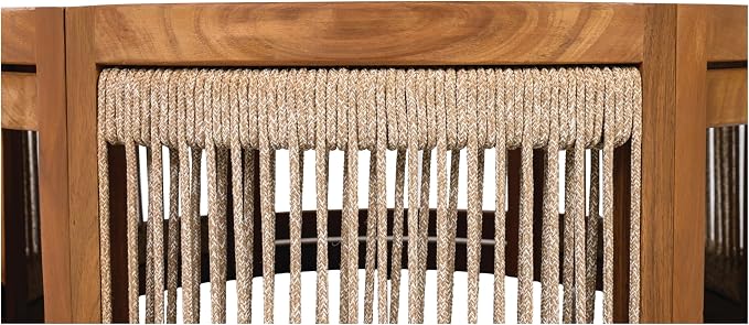IRONORA Natural Acacia Wood Round Patio Coffee Table, Woven Rope Panel Drum Accent Cocktail Table, Slatted Top Outdoor Center Table for Backyard Balcony Living Room Coastal Farmhouse Decor