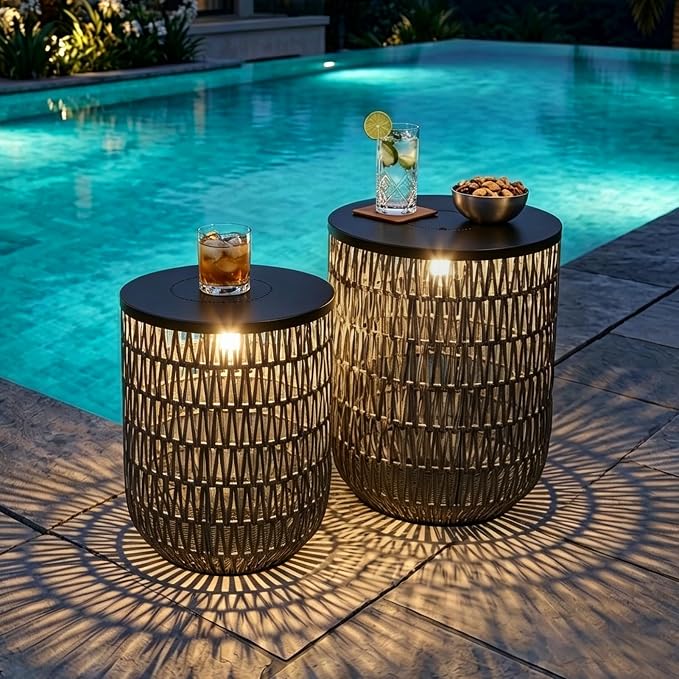 HMVPL Solar Patio Side Table Set of 2 with Dimmable Light, Round Outdoor Side Table for Patio, Outdoor End Accent Tables, Plastic Rattan Outside End Table for Poolside Backyard Gazebo, Dusk to Dawn