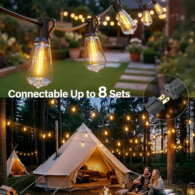 Ollny 155FT Outdoor String Lights, Shatterproof Connectable Patio Lights with 60 ST38 Edison LED Bulbs, 2200K Warm White Waterproof String Lights for Outside Backyard, Gazebo, Porch, Balcony, Bistro