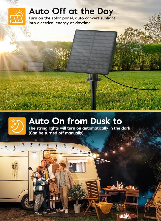 Minetom 34FT Solar String Lights Outdoor with Remote, Patio Lights | with 10 LED Shatterproof Bulbs and Hooks, E26 Socket and Type-C Port,Waterproof Hanging Lights for Outside Cafe Garden Bistro