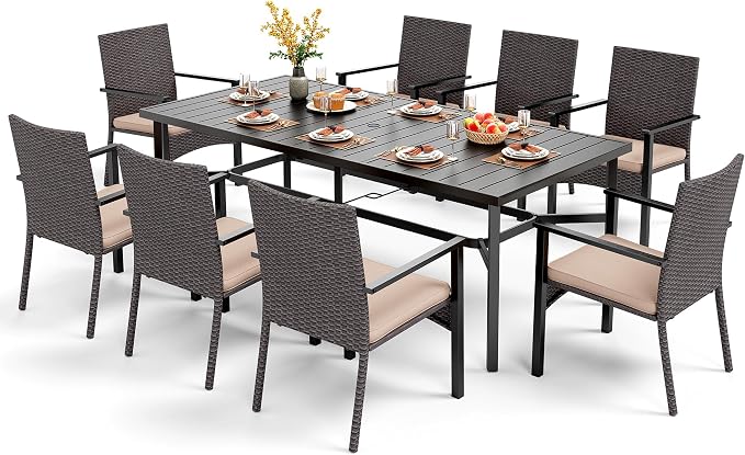 PHI VILLA 9 Piece Patio Dining Set, 83" Rectangular Table, Rattan Chairs | Outdoor Dining Set for 8, Metal Dining Table with Umbrella Hole, Large Outdoor Dining Table Set for Patio, Deck, Porch