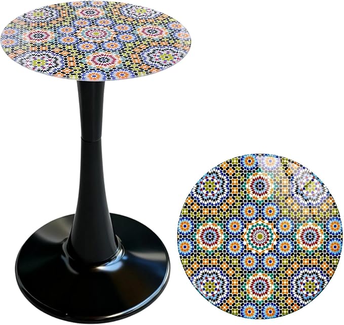 13.4" Outdoor Side Table, Round Patio Bistro Table Printed Tempered Glass Top, Waterproof Rust-Proof Base, Small Plant Stand for Balcony, Garden, Deck, 21.6" H (Morocco)