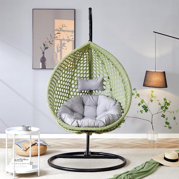 Hanging Egg Swing Chair with Stand, Rattan Wicker Hanging Egg Chair Hammock Indoor with Cushions, Swinging Chair for Bedroom Outdoor Patio Balcony Backyard Sunroom Heavy Duty 350LBS, Green