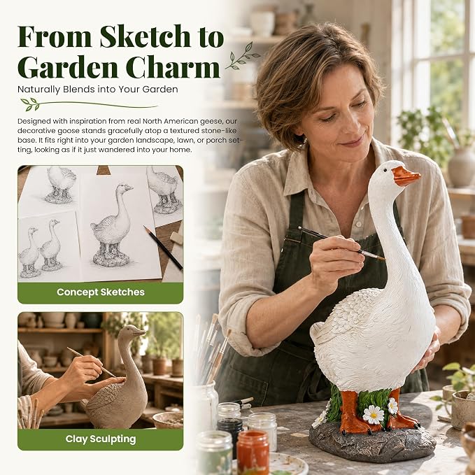GIGALUMI 19" Porch Goose Statue, Durable Resin Garden Decor Hand-Painted | Animal Sculpture Indoor Outdoor, Patio Lawn Yard Art Ornaments, Birthday Housewarming Gift for Women Mom Grandma Friends