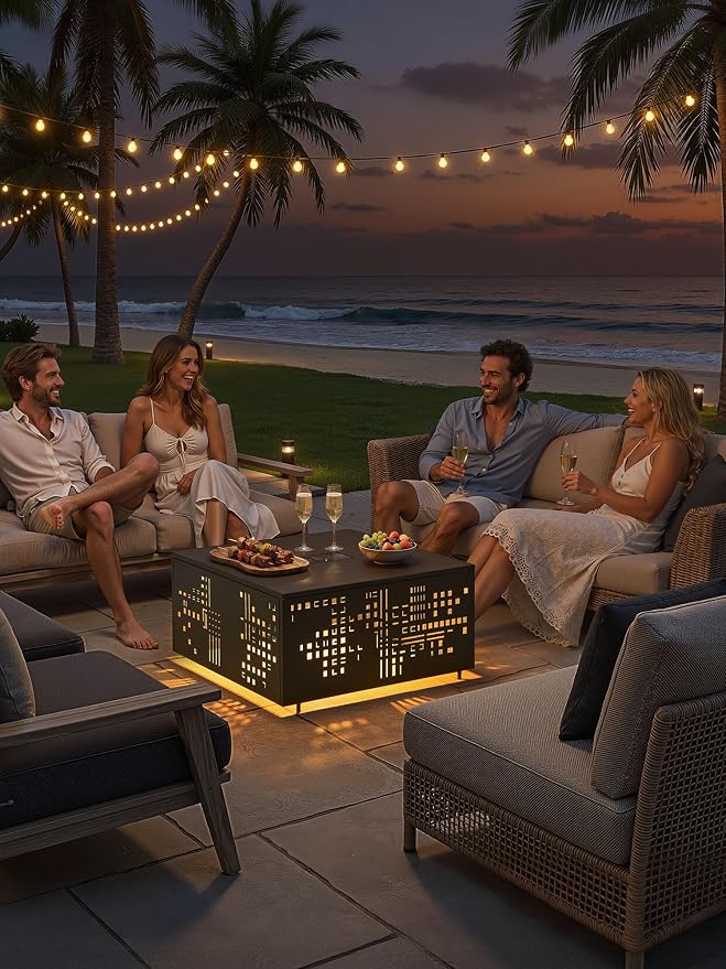 27" Outdoor Solar-Light Coffee Table with Geometric Cut-Out Design, Square Accent Coffee Table with Umbrella Hole, All Weather-Resistant Side Table for Patio, Garden, Deck, Black
