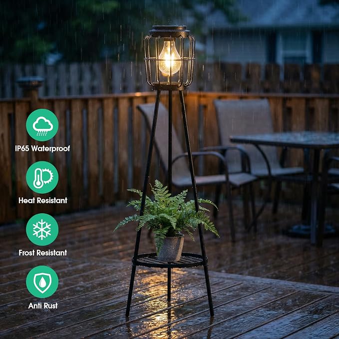 VISFLAIR 2 Pack Solar Lights with Plant Stand, Outdoor Floor Lamp, Waterproof Solar LED Edison Bulb Floor Lamps for Patio Porch Deck Yard Garden Decor