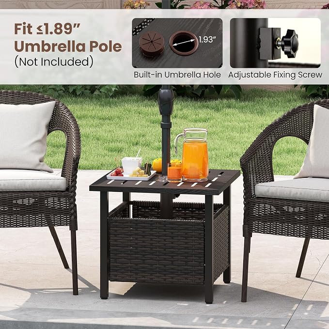 Tangkula Outdoor Side Table with 1.93" Umbrella Hole, All-Weather PE Wicker Patio Umbrella Table with Rustproof Frame for Garden, Deck and Poolside