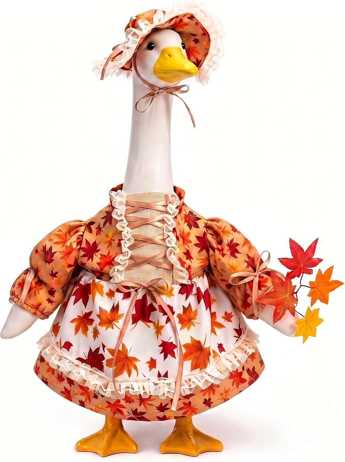 Fall Porch Goose Outfits Fits 23" Cement Plastic Statue Maple Goose Clothes for Autumn Day Outdoor Garden Yard Patio Statue Art Decor