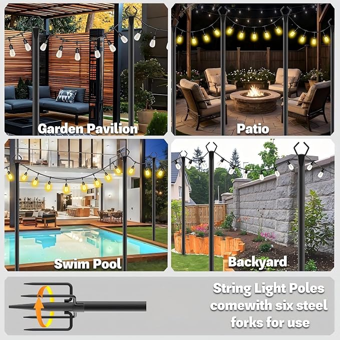 10 Pack 10 ft Heavy Duty Metal String Light Poles Adjustable Outdoor Lighting Stand for Patio,Backyard,Garden,Party & Wedding Rustproof & Sturdy with Hooks