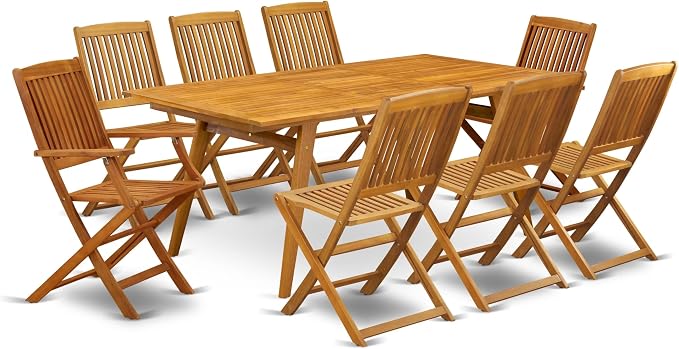East West Furniture DECM92CANA 9 Piece Patio Garden Table Set Includes a Rectangle Outdoor Acacia Wood Dining Table and 2 Folding Arm Chairs with 6 Side Chairs, 40x72 Inch, Natural Oil