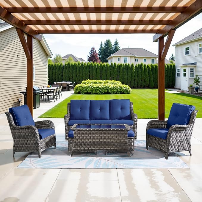 Belord Patio Wicker Sofa Set 6 Pieces Patio Furniture Set Outdoor Couch, 2 Patio Wicker Chairs with 1 Sofa, Coffee Table and Ottomans, Patio Conversation Set for Porch Garden Deck Balcony Poolside