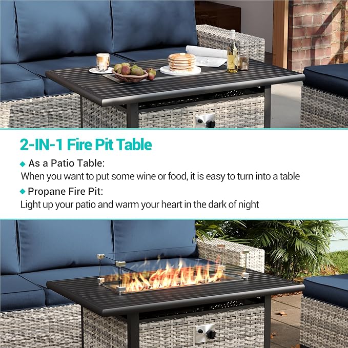 Outdoor Patio Furniture Set with Rocking Swivel Chair, 13-Piece Wicker Rattan Sectional Sofa Conversation Set with 55,000 BTU Fire Pit Table with Ottomans, Backyard Furniture, Navy Blue