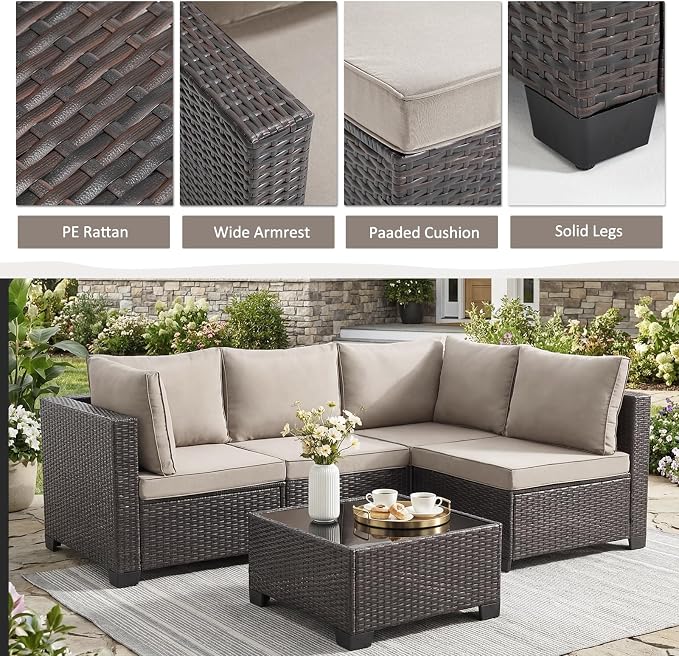 ANJ 3 Piece Outdoor Wicker Patio Furniture Set, Modular Loveseat Sofa with with Glass Top Coffee Table, All-Weather Rattan Conversation Couch Set for Balcony, Backyard, Dark Brown Wicker-Grey