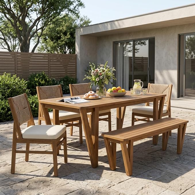 Christopher Knight Home Alan Acacia Wood Patio Dining Set with Bench, Solid Wood Outdoor Dining Table Set for 6, Outdoor Dining Set with Water-Resistant Cushion, Teak+Cream+Light Brown