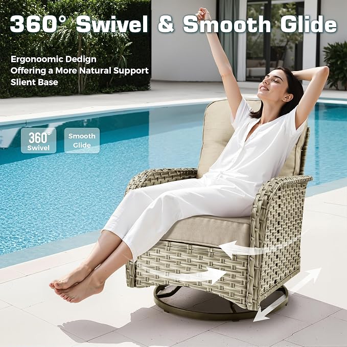 9 PCS Outdoor Patio Furniture Set with Fire Pit Table and Swivel Rocking Chairs,All Weather Wicker Rattan Patio Seating Sofa and Chair Set with Ottomans,Outdoor Conversation for Porch Deck Yard,Beige