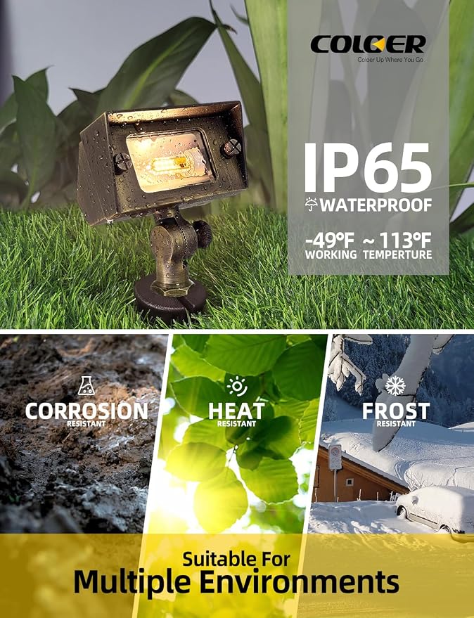 COLOER Brass Small Rectangular Flood Lights Outdoor 6 Pack with 3W 2700K Warm White LED G4 Bulb, 12V Low Voltage Landscape Outside Lights for House Illuminating Signs, Walls and Tree