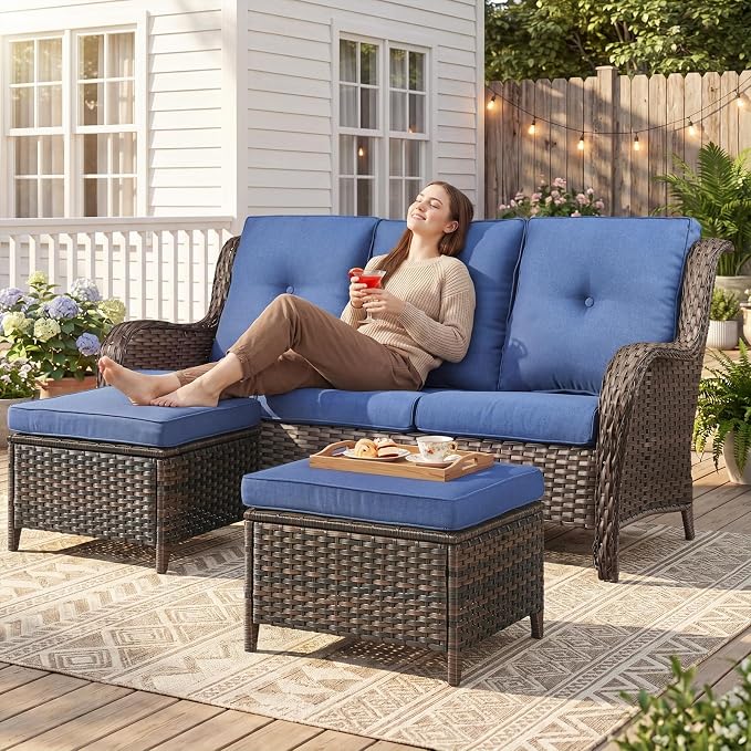 Belord 3-Piece PE Wicker Outdoor Sofa with 2 Ottomans, Luxury Patio Couch Convertible to Chaise Lounge, All-Weather High Back Deep Seat Woven Furniture for Deck, Porch - Brown/Blue