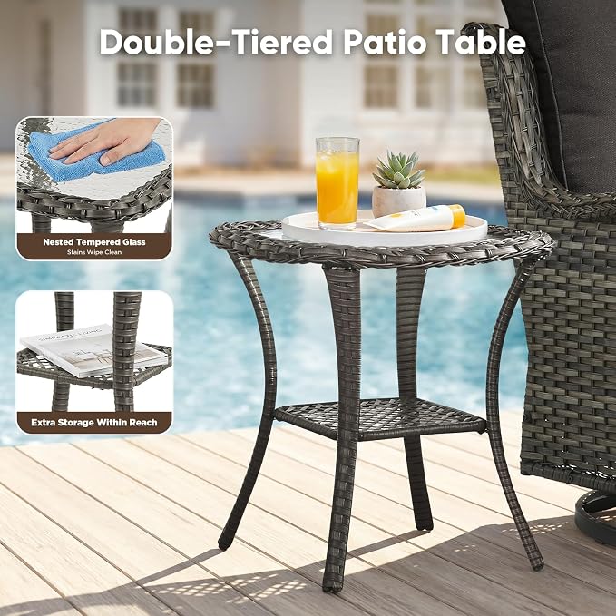 Belord 3 PCS Patio Furniture Set - Mixed Grey Wicker Swivel Rocking Chairs with Side Table, Furniture Set for Outdoor