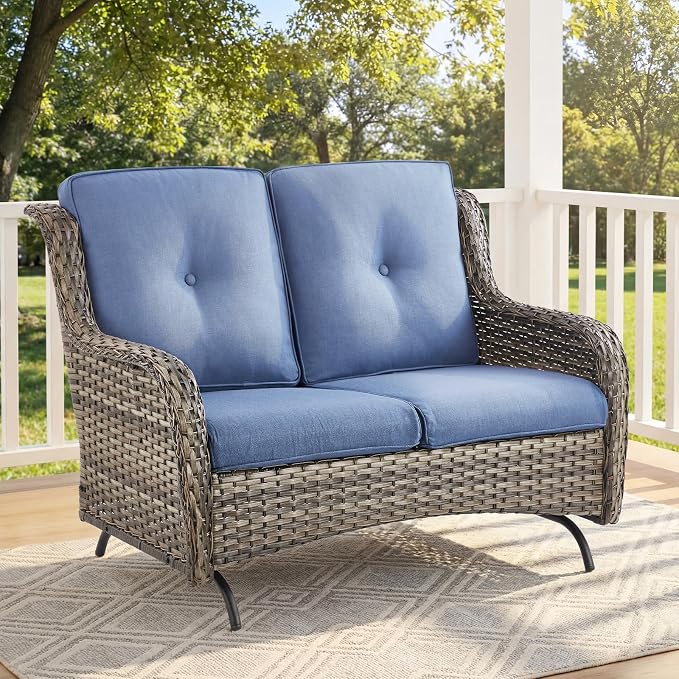 Patio Loveseat Sofa, Outdoor Wicker Loveseat with Luxury Thick Cushion, All-Weather Patio Furniture Set, Outdoor Glider Bench for Garden Balcony Backyard(Grey Wicker/Blue Cushion)
