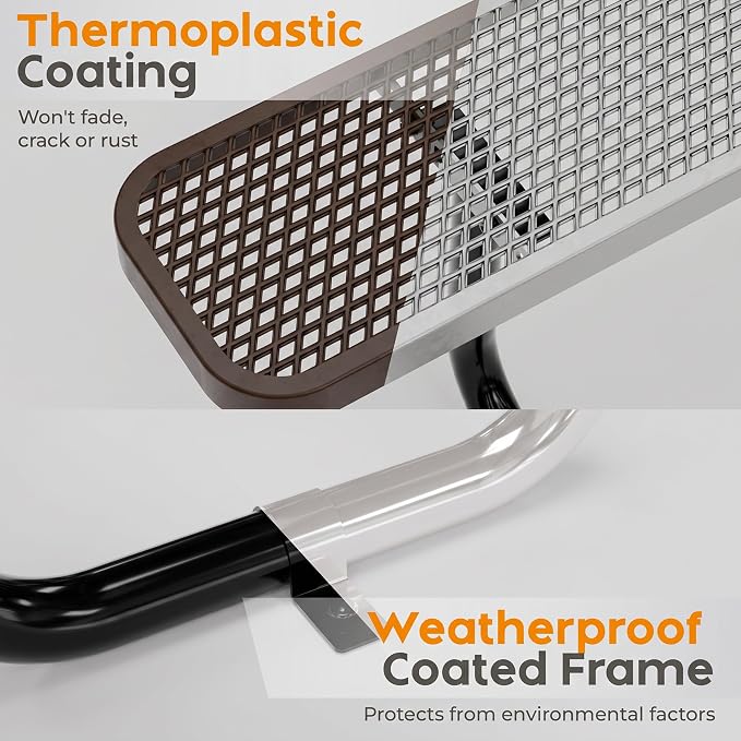 Commercial Heavy-Duty Metal Picnic Table - ADA Compliant, Adjustable Seats, Umbrella Hole, Expanded Metal (Dark Brown, 8' Rectangular)
