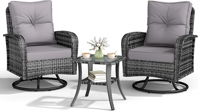 Kromax Outdoor Patio Furniture Set, All-Weather Wicker Swivel Glider Chairs Set of 2 with Coffee Table Table & Thick Machine Washable Cushions for Backyard, Garden, Porch, Grey/Grey