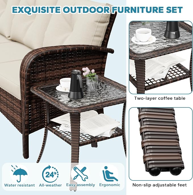 73" Patio 3-seat Sofa, Wicker Rattan Couch, Steel Frame Deep Seat Loveseat, Outdoor Conversation Furniture with Removable Cushions for Garden, Poolside, Porch(Beige)