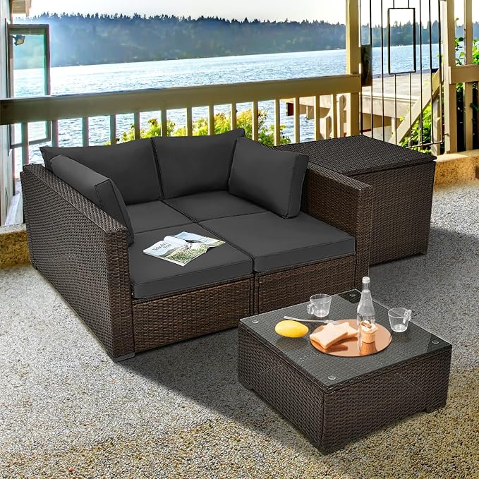 Tangkula 4-Piece Patio PE Wicker Furniture Set, Patiojoy Outdoor Sectional Sofa Set with Storage Box and Tempered Glass Tabletop, All-Weather PE Rattan Conversation Set with Removable Cushions (Grey)