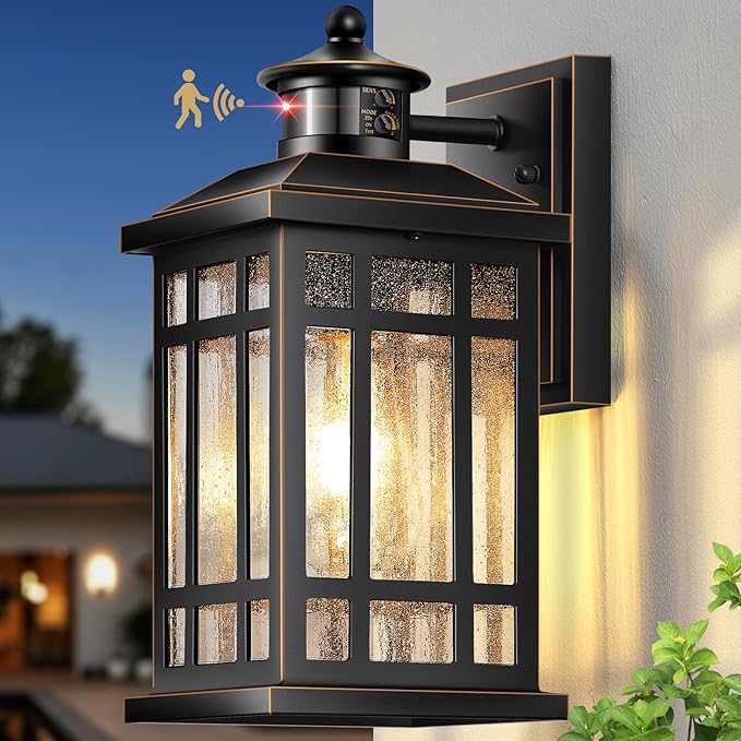 Distance-Adjustable Outdoor Lights for House, Modern Black Motion Sensor Outdoor Light with Gold Trim, Waterproof Dusk to Dawn Exterior Lighting Fixtures, Anti-Rust Outdoor Lanterns for Porch, Garage